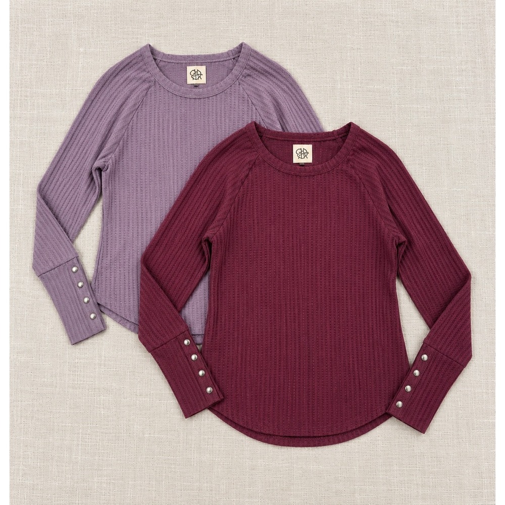 Chaser Womens Waffle Knit Thermal Top bundle Purple Burgundy Snap Cuff Size M